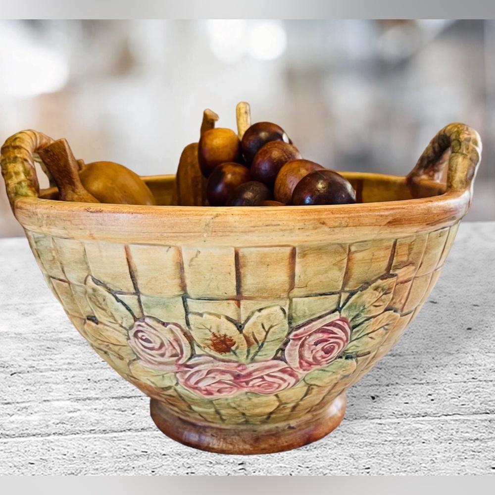 Vintage Wooden Fruit in Ceramic Bowl